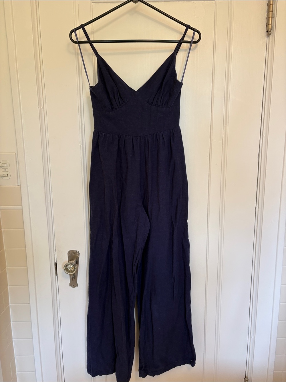 Navy V-Neck Wide-Leg Jumpsuit with Spaghetti Straps